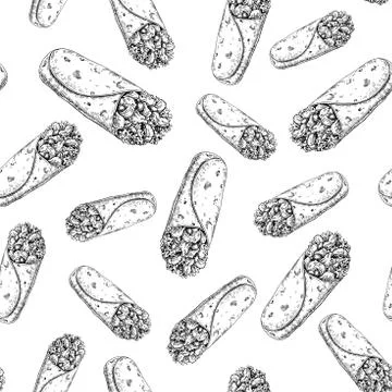Burrito seamless pattern drawing. Traditional mexican food vecto Stock Illustration