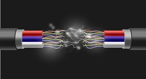 Burst of electrical wire realistic vector illustration on dark background. Stock Illustration