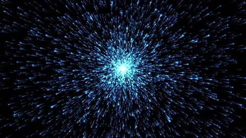 A burst of light against a black background emits pulsing blue beams. Nuclear Stock Footage 152875186