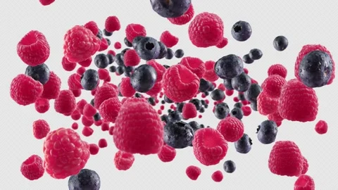 Burst of Raspberry Blueberry in White Background with Alpha Channel Video stock 151960338