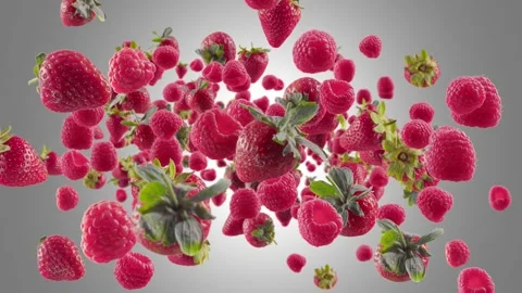 Burst of Strawberry Raspberry in Grey Background Stock Footage 151960051