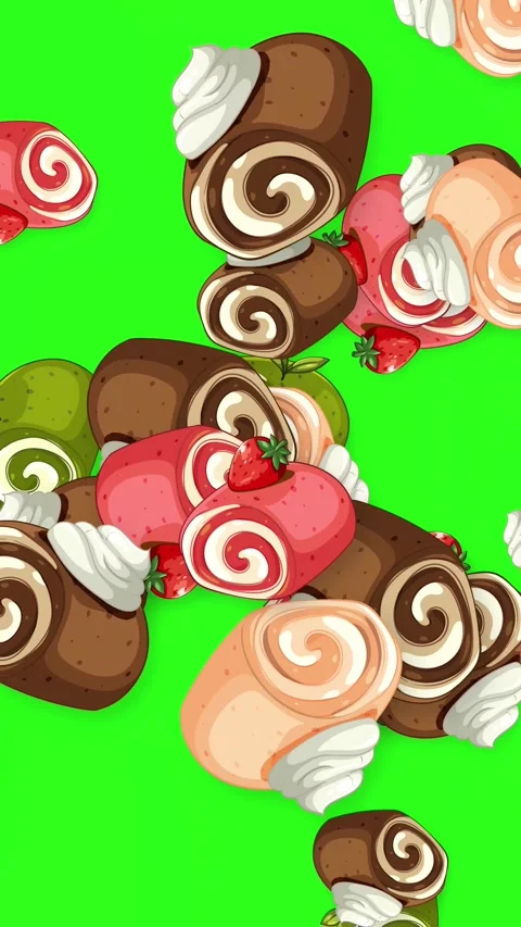 Bursting Assorted Swiss Roll Cakes Animation on Green Screen Stock Footage 344617324