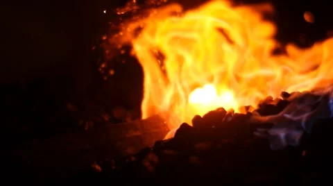 Bursting Burning Fire in a Blacksmith Forge Stock Footage 51638131