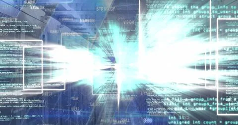 Bursting central light sending source code streams in virtual workspace, with Stock Photos