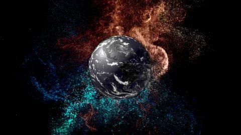 Bursts of particles in space around 3d render cold far planet in darkness. Stock Illustration