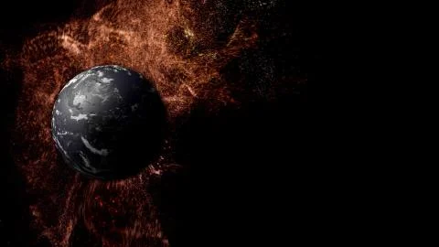 Bursts of particles in space around 3d render cold far planet in darkness. Illustrazione stock
