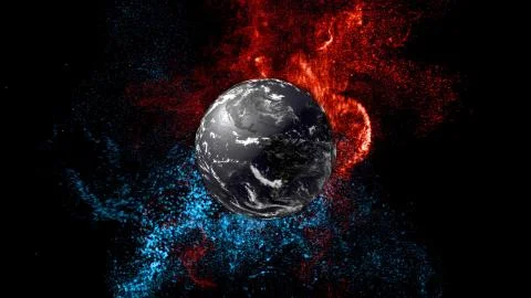 Bursts of particles in space around 3d render cold far planet in darkness. Stock Illustration