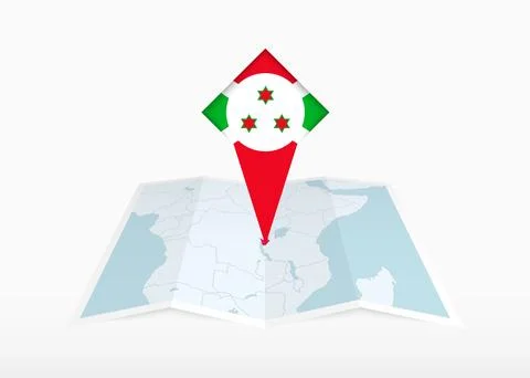 Burundi is depicted on a folded paper map and pinned location marker with f.. Stock Illustration