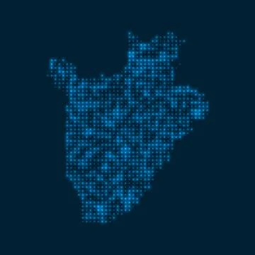 Burundi dotted glowing map. Shape of the country with blue bright bulbs. Ve.. Illustrazione stock
