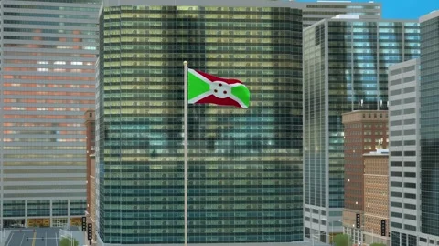Burundi Flag 3D Render Animation on Pole with Modern Business District Build Stock Footage 333040351