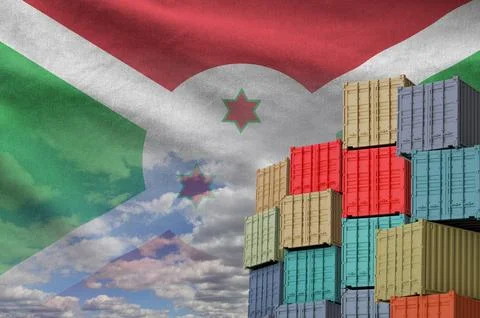 Burundi flag and big stack of shipping cargo containers in docks with sky イラスト素材