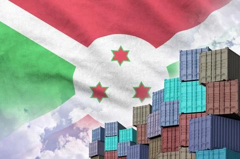 Burundi flag and big stack of shipping cargo containers in docks with sky イラスト素材