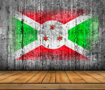 Burundi flag painted on background texture gray concrete with wooden floor Stock Photos