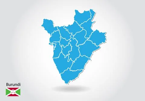 Burundi map design with 3D style. Blue burundi map and National flag. Simple  Stock Illustration