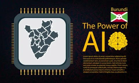 Burundi map with microchip war and AI concept on circuit board, Power of AI.. Stock Illustration
