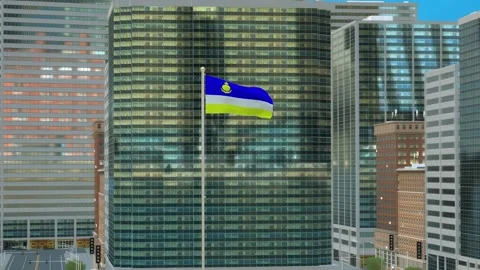 Buryatia Flag 3D Render Animation on Pole with Modern Business District Buil Video stock 332883124