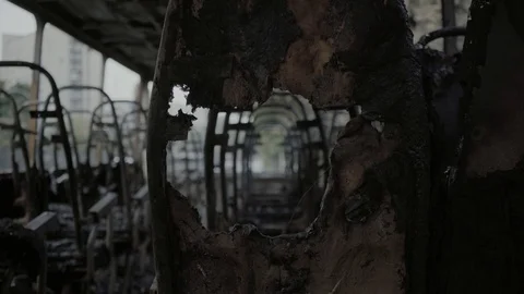 Bus after the fire. Explosion of a bomb in a passenger vehicle. Stock Footage 114582170