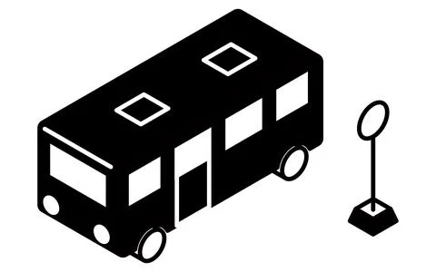 Bus and bus stop, simple black and white line drawing isometric illustration Stock Illustration