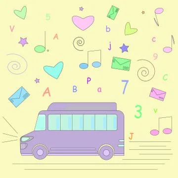 Bus on the background of various signs Illustrazione stock