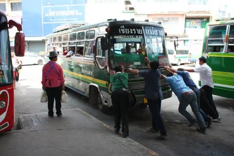 Bus breakdown. People fix the bus. Thailand Stock Photos