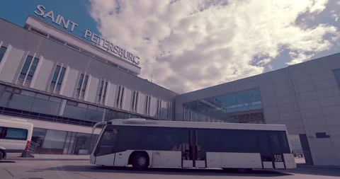 The bus brought passengers who had just landed in Pulkovo Airport St. Petersburg Stock Footage 119576495