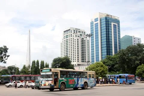 Bus on the central square Stock Photos