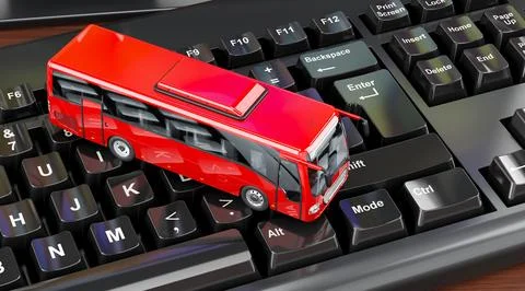 Bus on computer keyboard concept, 3D rendering Illustrazione stock