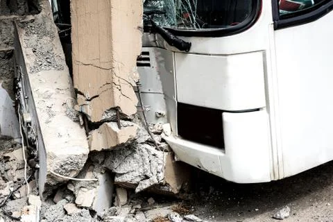 Bus crashed into a wall Stock Photos