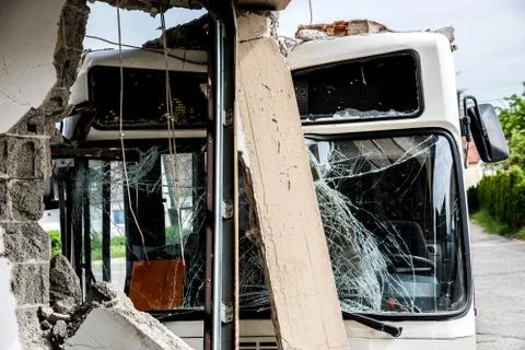 Bus crashed into a wall Stock Photos
