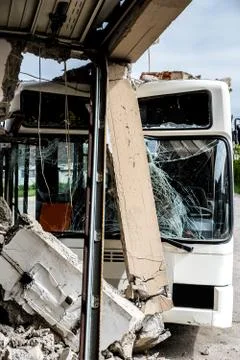 Bus crashed into a wall Stock Photos