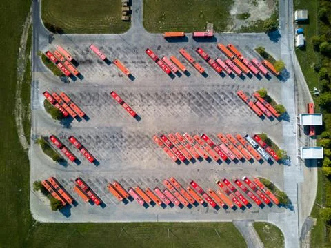 Bus depot red buses topdown view aerial drone shot Foto stock