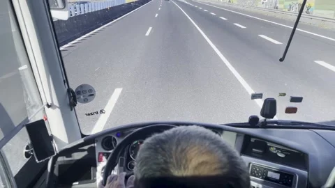 Bus Driver Cabin View of Highway, Interior Perspective of Travel Stock Footage 318418090