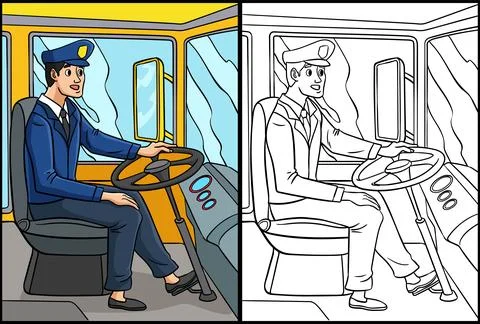 Bus Driver Coloring Page Colored Illustration Stock Illustration