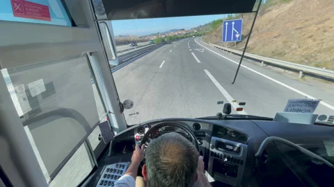 Bus Driver View From Front Cab On Scenic Highway Toward Lisbon Stock Footage 318449613