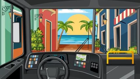 Bus Driver View of Tropical Beach Sunset Through City Street Ilustración de archivo