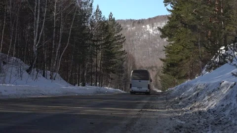 A bus drives on a winter road through a coniferous forest Stock Footage 220349537