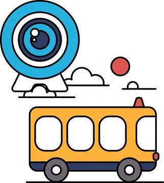 A bus is driving down a road with a camera on top of it Stock Illustration