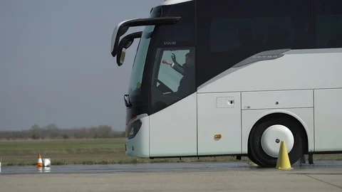 Bus emergency brake on test track, slow motion, stock video Stock Footage 89476177