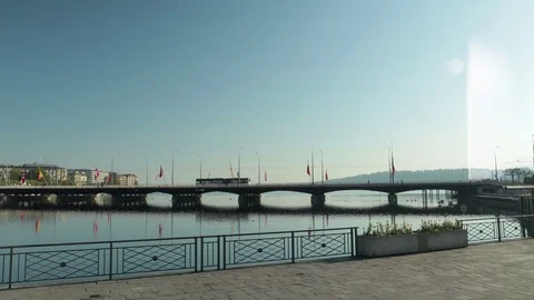 Bus on empty Mont-Blanc bridge in Geneva - Coronavirus time Stock Footage 129521988