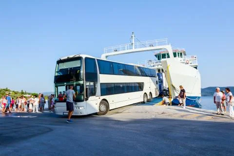 Bus is exit from ferryboat, unloading Stock Photos