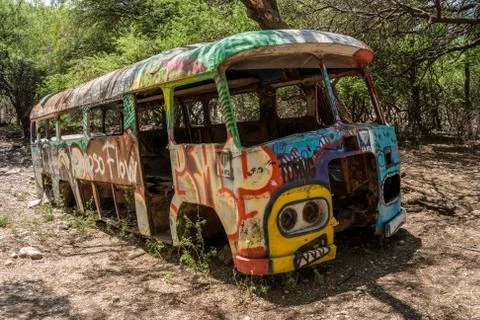 Bus, forest and graffiti Stock-Fotos