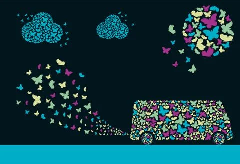 A bus in the form of a cloud of butterflies. Sun in the form of a cloud of bu Stock Illustration