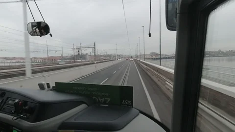 Bus Front window Point of View while driving Stock Footage 130139926