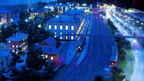 The bus goes along the route - a model of the city and the railway Stock-Footage 197682828