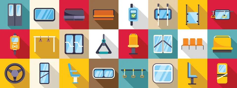 Bus interior icons set. Flat vector illustration set of various public transp Illustration