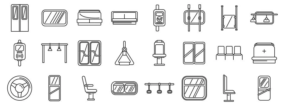 Bus interior icons set. Linear icons of public transport interior elements in Illustration