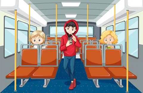 Bus interior with passengers cartoon characters Stock Illustration