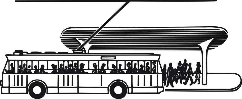 Bus with passengers at the station, Retro Vector Illustration Stock Illustration