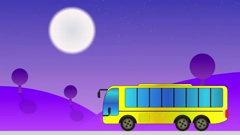 Bus passing by a beautiful purple landscape at night animation Stock Footage