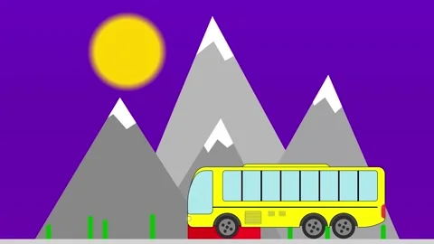 Bus passing by a landscape with mountains and a glowing sun animation motion Stock Footage 162414086